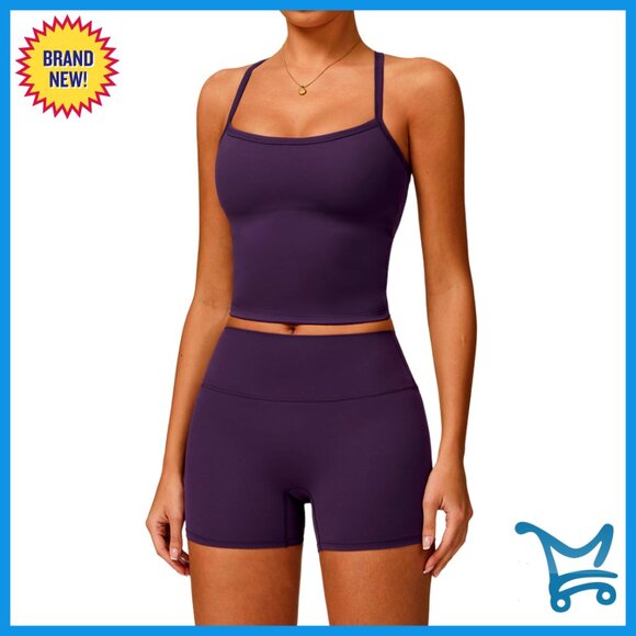 Two Piece Workout Set Cross Back Tank High Waist Shorts Active Wear